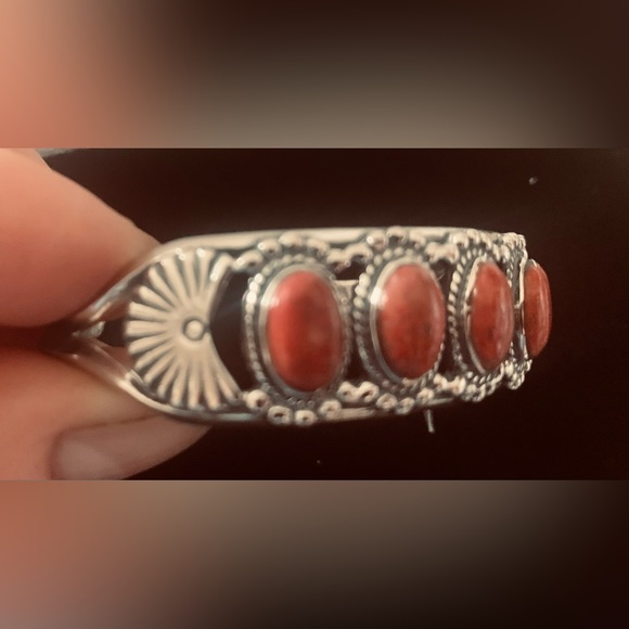 Authentic Santa Fe Style Coral Gemstone Cuff Bracelet in 925 Sterling Silver - Picture 2 of 12